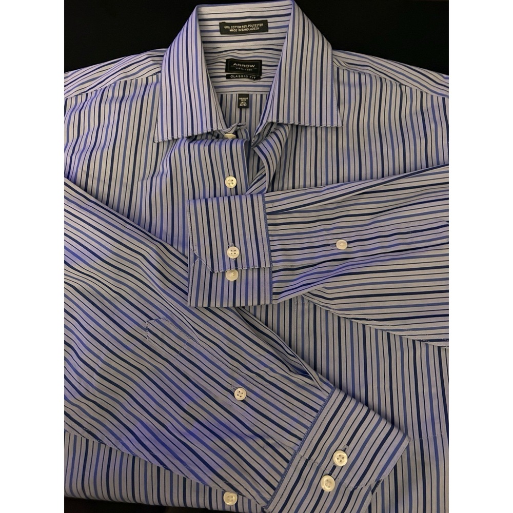 Arrow Classic Fit Wrinkle Free Dress Shirt 14.5 32/33 Blue Stripe